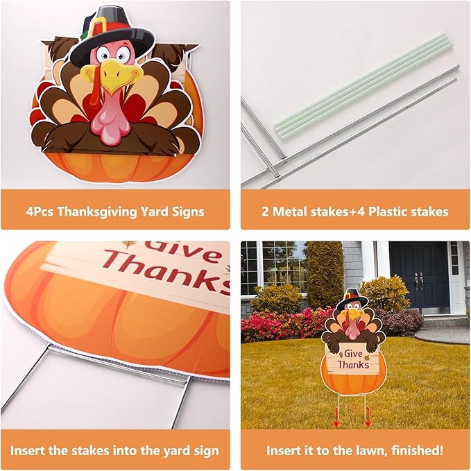 Large Thanksgiving Yard Signs 2pc with Stakes Turkey Pumpkins Give Thanks Happy Thanksgiving Decorations Outdoor Harvest Garden Signs Seasonal Holiday Party Supplies Lawn Yard Decorations