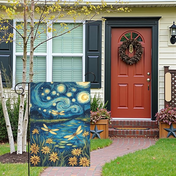Spring Daisy Garden Flag Starry Night Style Floral Yard Flags with Dragonflies Summer Lake Landscape Artistic Impressionist Flower Banner Outdoor for Lawn Patio Porch Seasonal Home 12x18 Inch
