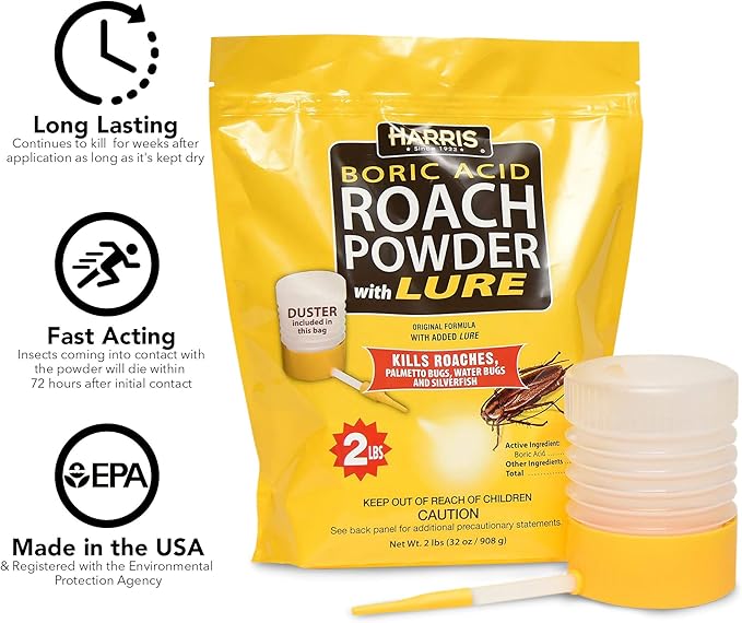 Harris Boric Acid Roach and Silverfish Killer Powder w/Lure, Powder Duster Included in The Bag (32oz)
