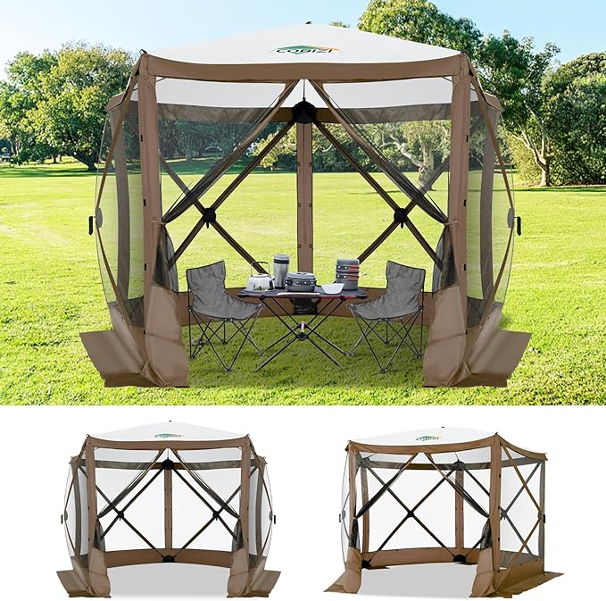 COBIZI 10x10 FT Pop up Gazebo, Popup Canopy Tent,Instant Screened in Gazebos, Waterproof Portable Outdoor Small Screen Tents Sun Shelter,carpas para Patio for Camping, Garden and Backyard,Brown