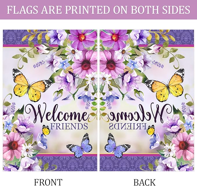 Texupday Welcome Friends Floral Blooms Butterfly Decoration Seasonal Spring Summer Garden Flag Outdoor Yard Flag 12" x 18"