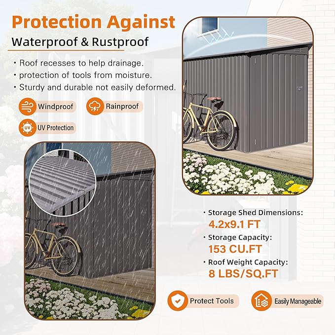 YOPTO 4x9 FT Outdoor Storage Shed,Lean to Metal Shed W/Window,All Weather Waterproof Garden Storage Shed W/ 6 Air Vents & 1 Lockable Door,Weatherproof Tool House W/Sloped Roof,for Lawn,Gray