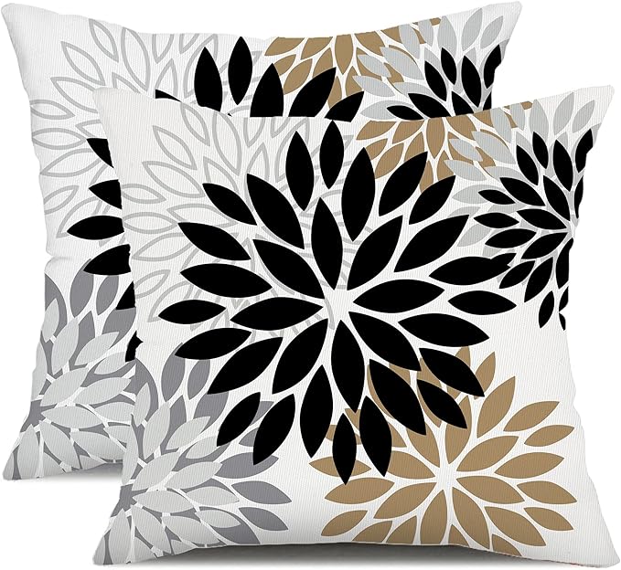DFXSZ Black Brown Outdoor Pillow Covers 16x16 Inch Set of 2 White Gray Flower Throw Pillows Farmhouse Outdoor Modern Floral Polyester Square Cushion Case Decor for Patio Funiture Garden 002B16