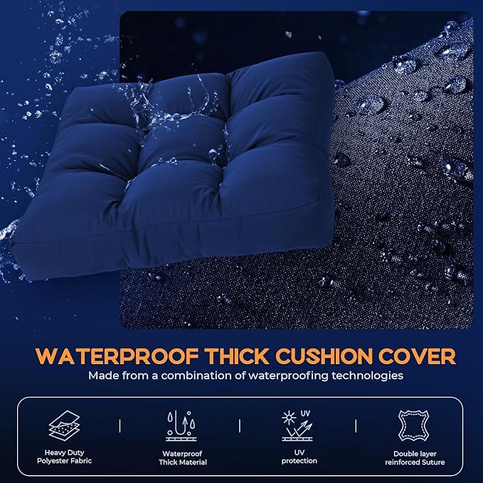 22x22 Waterproof Outdoor Chair Cushions Set of 2, Patio Cushions for Outdoor Furniture Water-Resistant & Fade-Resistant, Deep Seat & Back Cushion for Wicker Sofa (Blue)