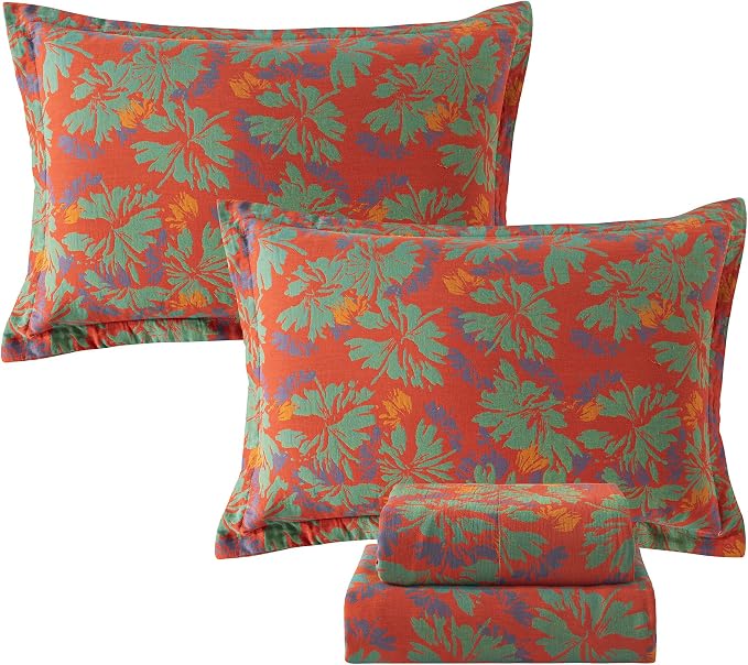 FADFAY Floral Sheets Set Queen Vintage Red Green Floral Bedding Shabby Maple Leaf Farmhouse Bedding Super Soft Washed Double -Layer Muslin Sheets 100% Cotton Deep Pocket Fitted Sheet 4Pcs, Queen Size