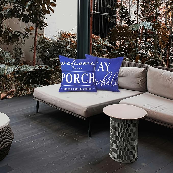 TAJWE Dark Blue Outdoor Pillow Covers Waterproof 18x18 Set of 2 Decorative Welcome to Our Porch Stay Awhile Cushion Cases for Patio Furniture Sofa Couch Decor