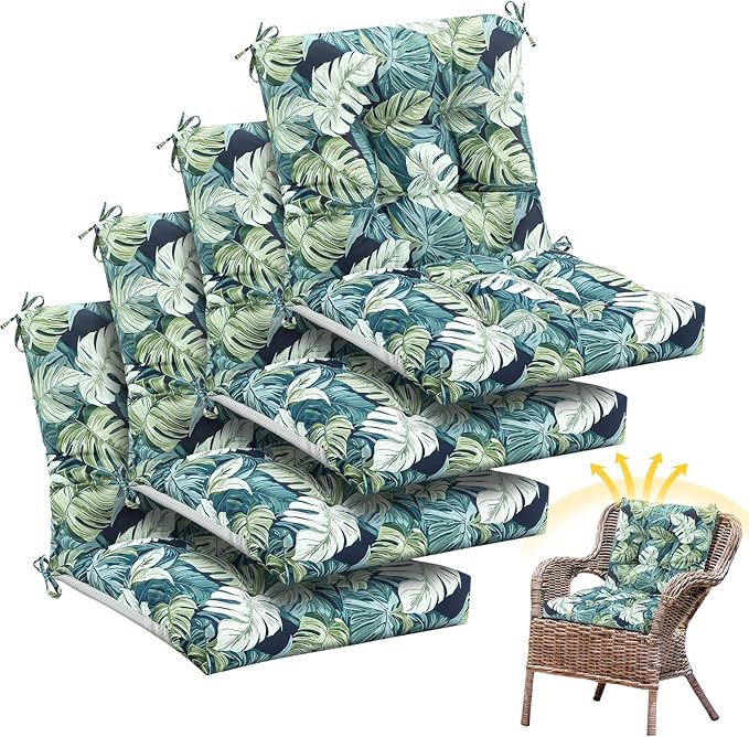 Marsui 4 Pcs Outdoor Indoor High Back Chair Cushions Patio Furniture Tufted Pillow with Ties Water-Resistant Replacement Outdoor Rocking Chair Cushions, 42 x 21 Inches (Green,Leaves)