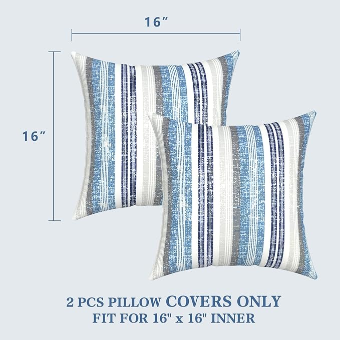 LVTXIII 2 Pack Outdoor Throw Pillow Covers for Patio Furniture, 16x16 Inch Square Pillow Case, Water-Repellent Cushion Covers for Garden, Porch, Sofa, Stripe Layered Blue