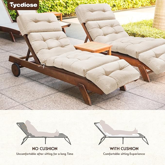 Outdoor Chaise Lounge Chair Cushion Waterproof 74.4 x 22 x 4.7 Inches Memory Foam Lounge Chair Cushions Replacement for Outdoor Furniture with Ties, Thickened Pool Lounge Chair Cushion, Beige