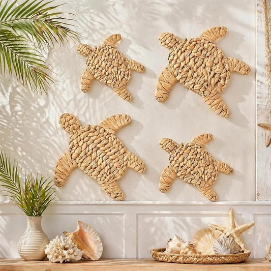 Threehoney 4 Pcs Sea Turtle Beach Theme Decor Handmade Wicker Turtle Wall Decor Sea Life Hanging Wall Art Coastal Nautical Sculpture Table Decoration for Boho Bathroom Indoor Outdoor Ornament