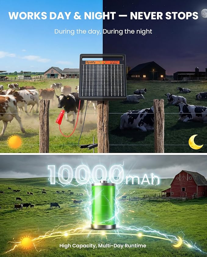 Solar Electric Fence Charger 1.2J Stored Energy, 45 Miles Coverage,8W Solar Fence Energizer with 10000mAh Battery,7–11kV Output, Smart Alarm, All-Weather Fence Charger for Cattle, Horses & Farms