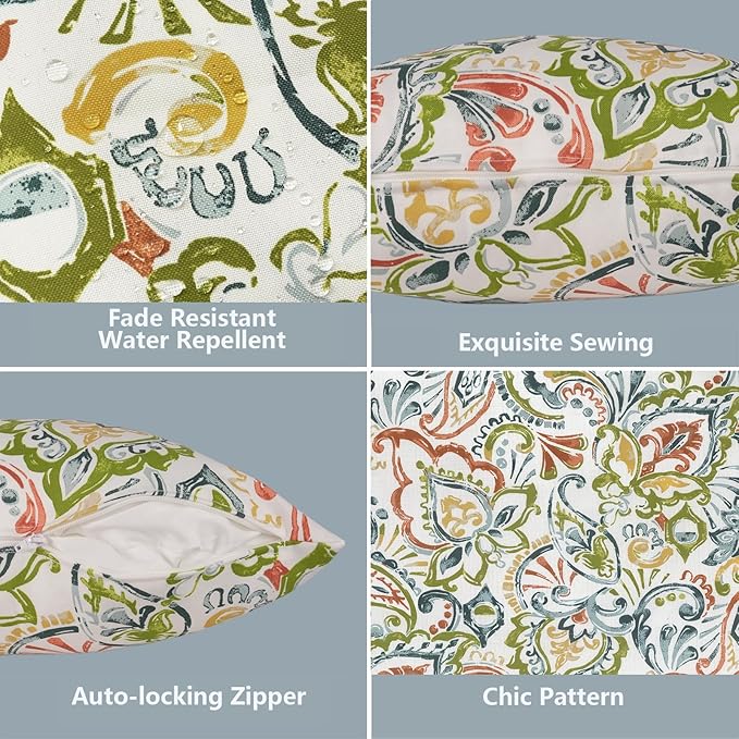 LVTXIII 2 Pack Outdoor Pillow Covers ONLY 18x18 Inch, Water-Repellent Square Decorative Cushion Covers for Patio Furniture, Garden, Sofa, Paisley Botanical