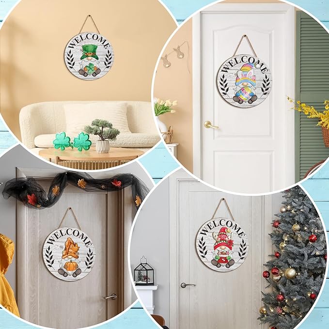 Qunclay Interchangeable Wooden Gnome Decor Holiday Seasonal Gnome Decorations with Magnet Pieces and Detachable Hats Changeable Welcome Sign for Home(Grayish White)