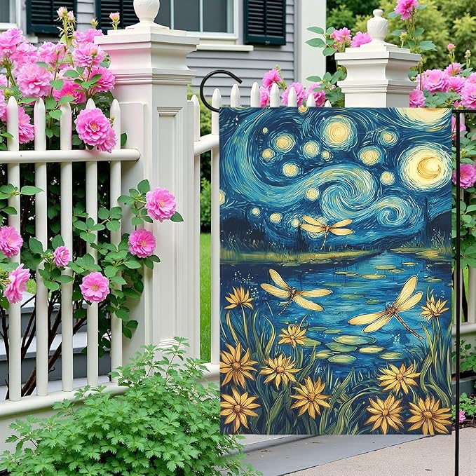 Spring Daisy Garden Flag Starry Night Style Floral Yard Flags with Dragonflies Summer Lake Landscape Artistic Impressionist Flower Banner Outdoor for Lawn Patio Porch Seasonal Home 12x18 Inch