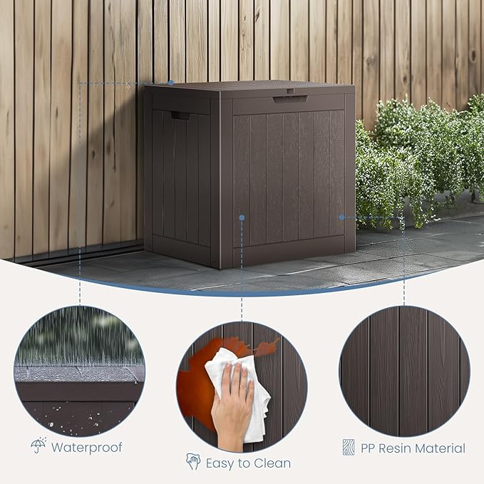 31 Gallon Capacity Deck Box, Outdoor Waterproof Resin Lockable Storage Box for Patio Cushions, Gardening Tools, Pool Accessories Container - Brown