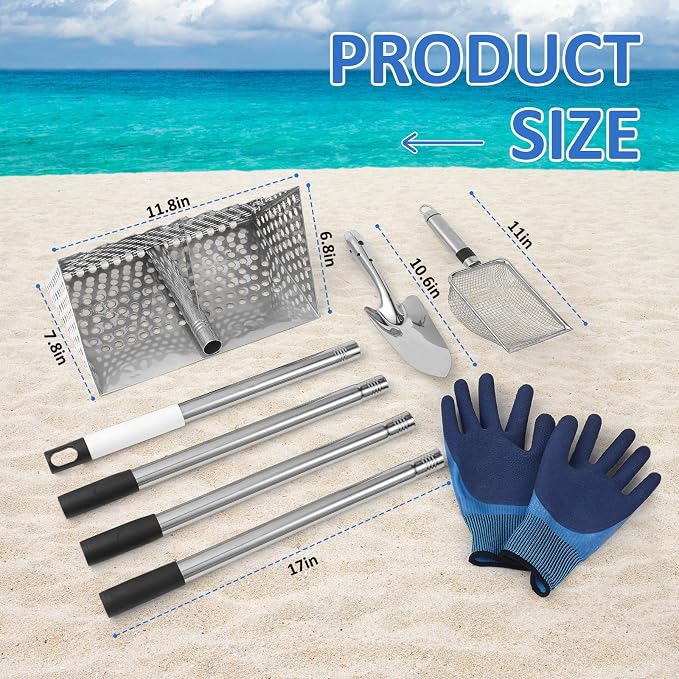 Sand Flea Rake, 65" Long Handle Stainless Steel Sand Sifter, 12" Wide Mesh Screen Beach Rake, Heavy Duty Shark Tooth Sifter for Seaside Collecting Sand Fleas, Shark Teeth, Seashells & MarineTreasures