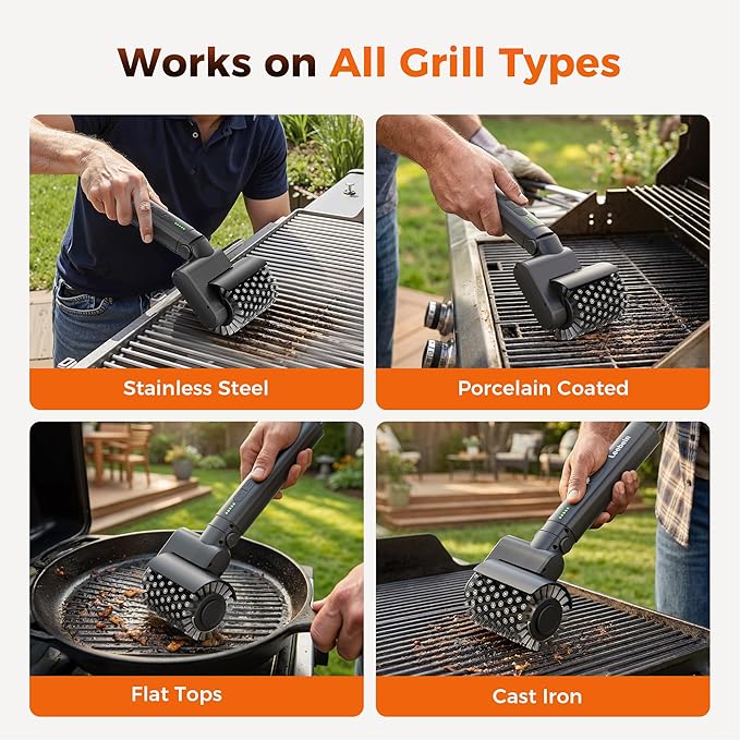 Leebein Electric Grill Brush for Outdoor, 2026 Upgraded BBQ Grill Cleaner with 3 Heads, 3-Speed & Angle Adjust Cordless Rotary Grill Brush, 150Mins Runtime Grill Cleaning Brush for Barbecue Grates