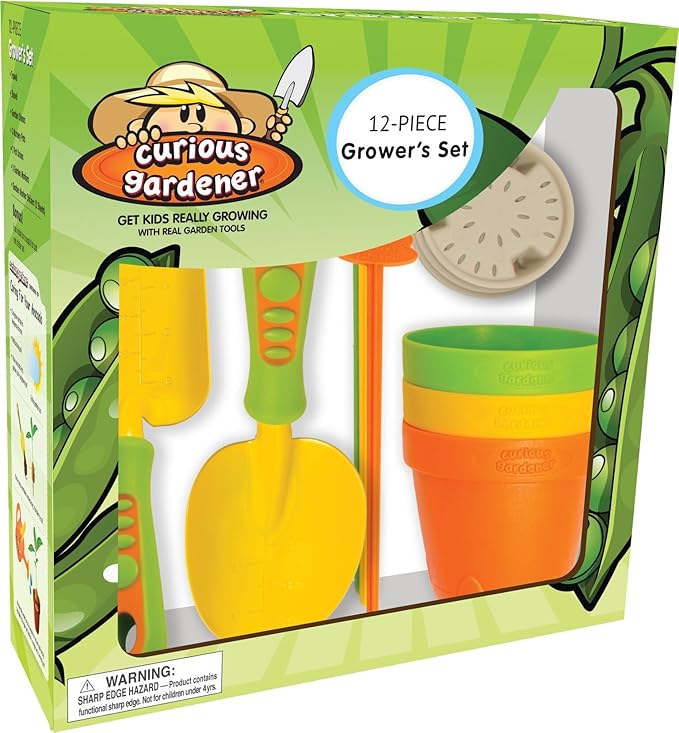 Curious Gardener 12 Piece Gardening Tool Set for Kids Ages 4-8 Years - Grower's Set - Includes Trowel, Shovel, Shears, 3 Nursery Pots, 3 Markers, and 2 Marker Sticker Sheets