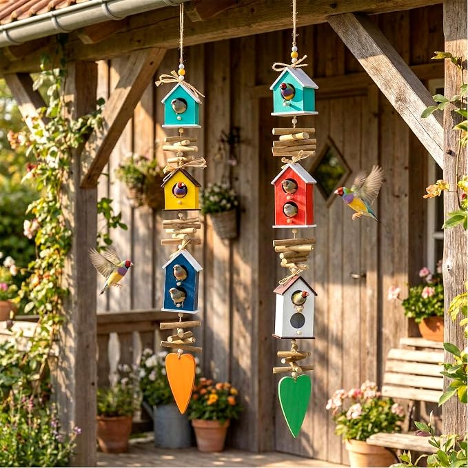 2 Pack Birdhouse Bird Feeders for Outdoor, Colourful Hanging Wooden Bird Feeder Outside Garden Yard Farmhouse Birds Feeders for Country Yard Garden Decoration for Cardinals Finches Chickadees