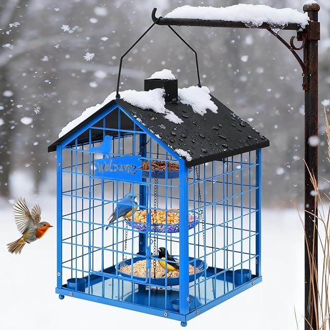 Bird Feeders for Outdoors, Metal Bluebirds Bird Feeder, Huge Caged Squirrel-Proof Bird Feeders with 4 Cups, DIY Wild Bird Feeders Outdoor Hanging, Attract Small Birds, 3 Layer Seed Tray (Blue)
