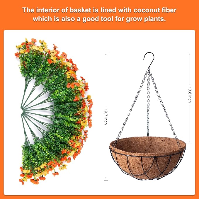 Fake Mums Artificial Fall Flowers with Hanging Baskets Outdoors for Decoration Faux mums for outdoor planters Daisy Flower with Eucalyptus Leaves for Porch Home Patio Balcony and Yard Autumn Decor