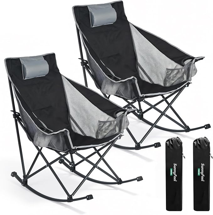 SUNNYFEEL Rocking Camping Chair 2 Pack, Outdoor Oversized Folding Lawn Chair with Pocket, Heavy Duty for Outdoor/Picnic/Lounge/Patio, Portable Camp Rocker Chairs with Carry Bag