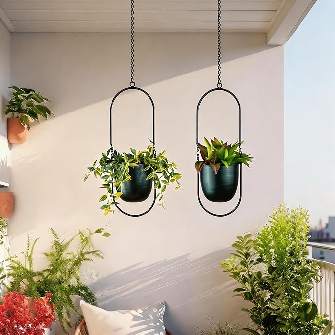Modern Metal Hanging Planters with 6 Inch Pots and Sleek Chains - Set of 2 Oval Geometric Plant Hangers - Black Wall and Ceiling Mount Flower Holders for Indoor Décor