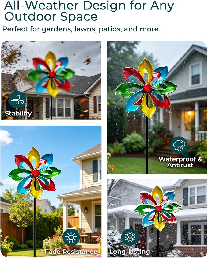 Rainbow Wind Spinner for Outdoor, 13" D Colorful Kinetic Garden Spinner with Smooth Silent Motion, Adjustable Height & Stable Ground Stake for Yard Patio Flower Bed Decor