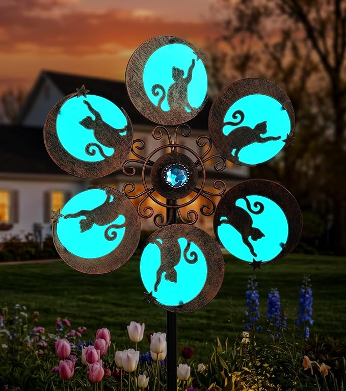 Wind Spinners Outdoor for Yard & Garden, Whimsical Cat Yard Spinner, Metal Wind Spinner with Reflective Acrylic Gem, Outdoor Decorations with Soft Nighttime for Lawn & Patio