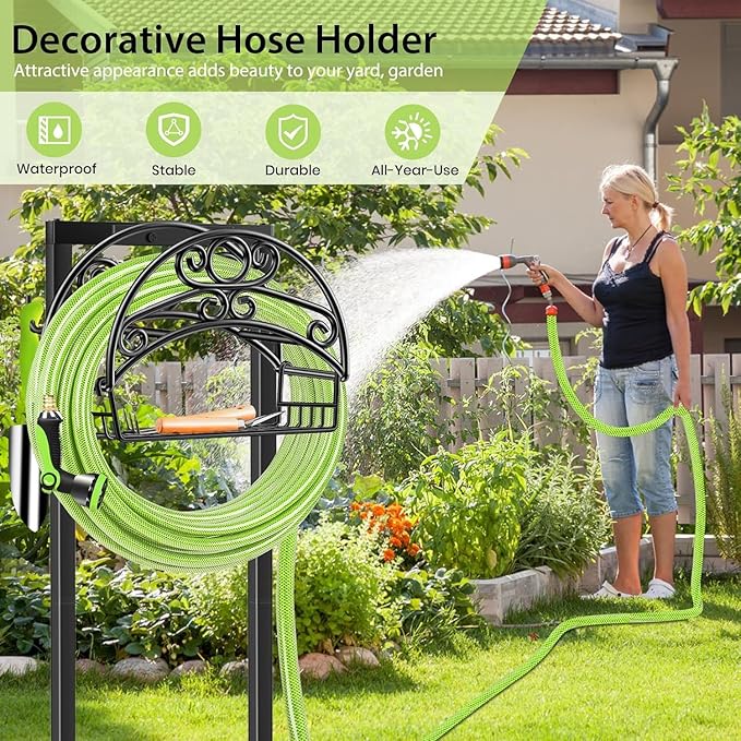 TomCare Garden Hose Holder Upgraded Water Hose Holder with Storage Basket Heavy Duty 4 Spikes Hose Hanger Holds 160 Feet Hoses Stable Freestanding Hose Storage Organizer for Outside Yard