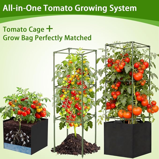 Tomato Cages for Garden, Tomato Planter with Trellis, 48in Tall Square Tomato Trellis with 18 Gallon Grow Bags, Patio & Balcony, Metal Tomato Cage for Tomatoes Cucumbers Peas Climbing Plants, 3 Pack
