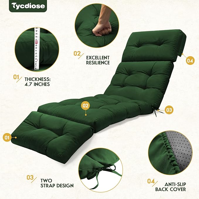 Outdoor Chaise Lounge Chair Cushion Waterproof 74.4 x 22 x 4.7 Inches Memory Foam Lounge Chair Cushions Replacement for Outdoor Furniture with Ties, Thickened Pool Lounge Chair Cushion, Green