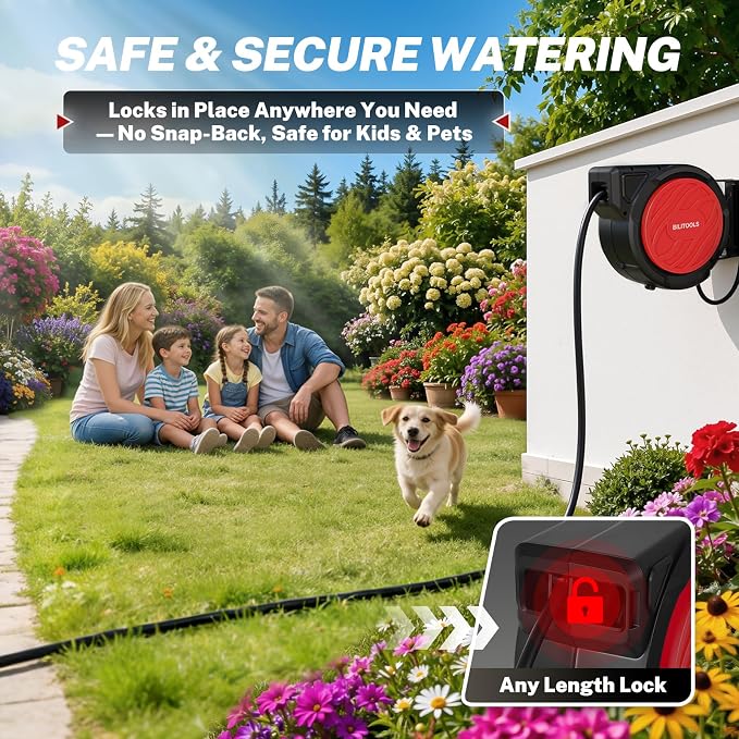 BILITOOLS Retractable Garden Hose Reel 1/2 in x 50 ft, Wall Mounted Water Hose Reel for Outside with Any Length Lock, Slow Auto Rewind Anti-Tangle System, 180° Swivel Bracket & 10-Pattern Spray Nozzle