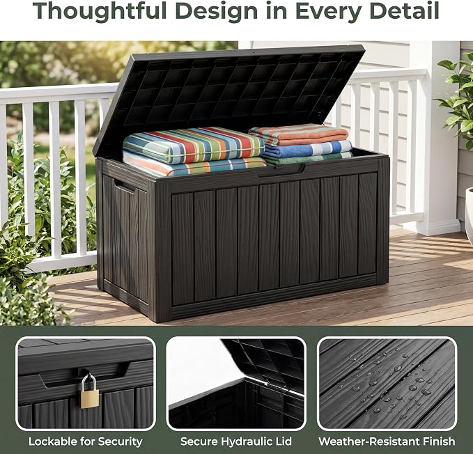NicBex 45 Gallon Deck Box, Waterproof Resin Outdoor Storage Box Lockable for Patio Furniture, Fade Resistant Patio Side Table & Organizer for Garden Tools, Pool Floats, Outdoor Cushions, Black
