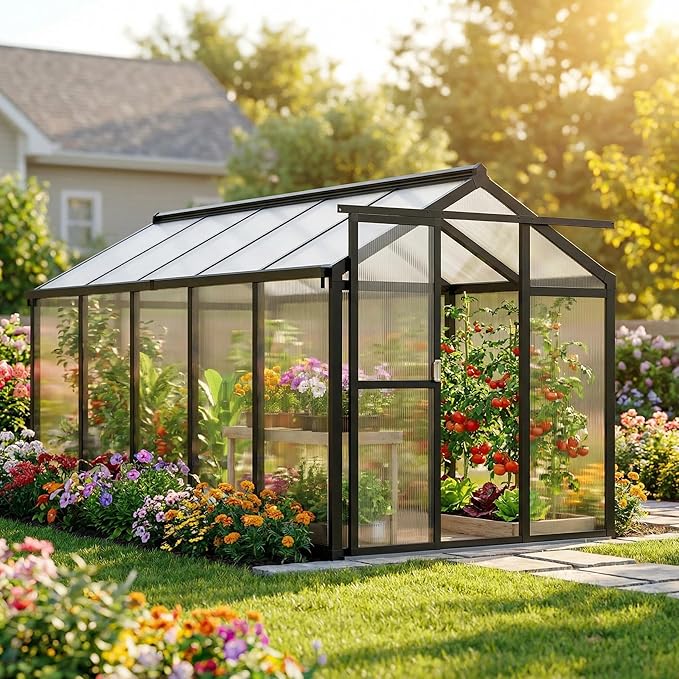 GarveeHome 6X10 FT Greenhouse for Outdoors, Walk-in Greenhouse Kit with Aluminum Frame, Polycarbonate Panels, Adjustable Roof Vent, Sliding Door, Secure Lock for Outside Garden, Patio, Backyard