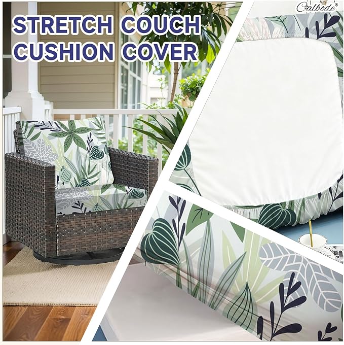 CALBODE 8 Pcs Stretch Outdoor Seat Cushion Covers, Washable Chair Seat Cover for Patio Furniture Cushions Soft Indoor and Outdoor Couch Cover Replacement (Green Leaves, Cover Only)