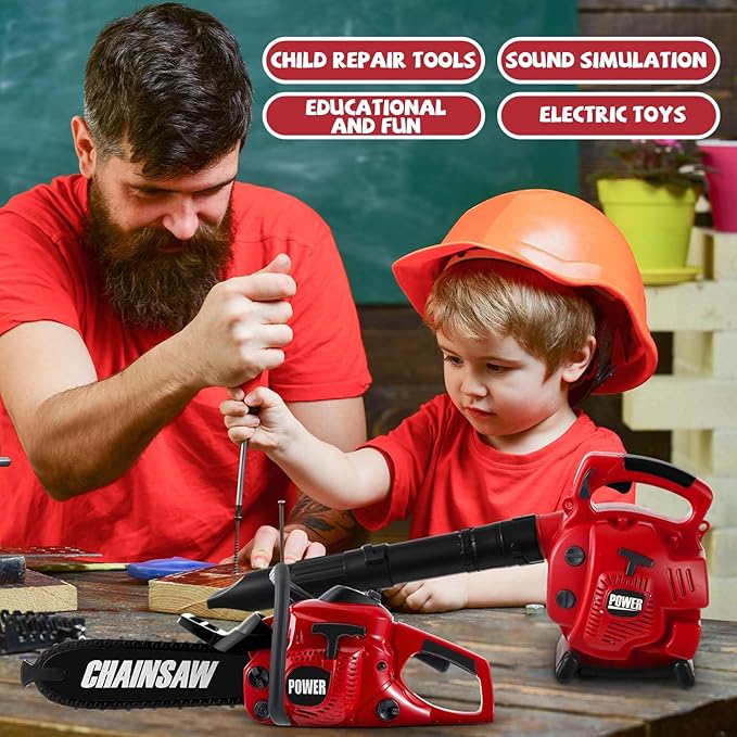 Arrowbash 4 Pcs Toy Gardening Tool Set for Kids Toy Leaf Blower Chainsaw Weed Trimmer Hedge Trimmer Battery Play Set Christmas Birthday Party Gift for Boys Girls