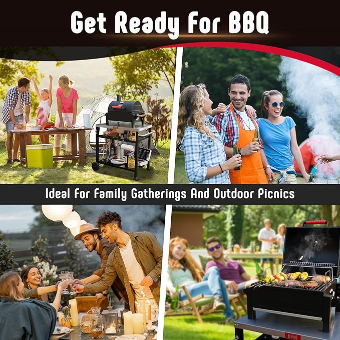 Feasto Portable Tabletop Charcoal Grill, 354 sq.in Cooking Area | with Cast Iron Grates & Temp Gauge, Small BBQ Grill for Camping, Picnic, RV, Outdoor Patio, Grey