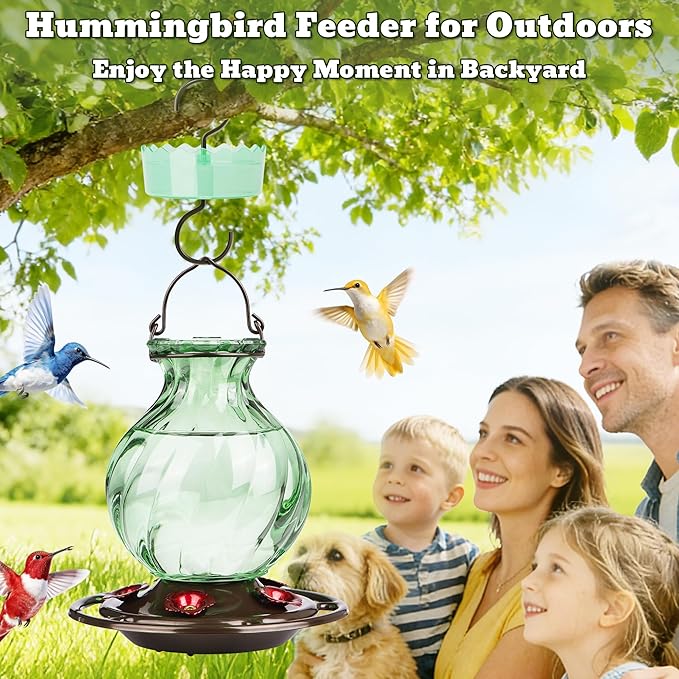 Auslar 26 Ounces Hummingbird Feeder, Hummingbird Feeders for Outdoors Hanging, Ant Moat and 5 Flower Feeding Ports, Fade Proof, Rustproof, Leakproof, Netted Flower Bud Shape Bottle, Green