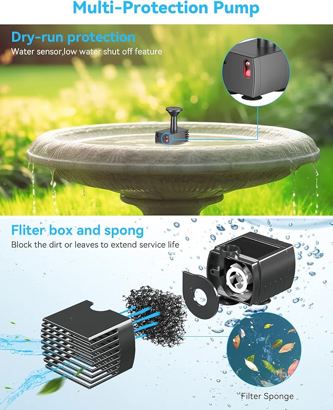 POPOSOAP Solar Fountain Pump, 6W Outdoor Solar Water Fountain Pump for Bird Bath with 4ft Tubing & 5 Nozzles, DIY Solar Powered Water Pump for Garden, Ponds, Pool and Fish Tank