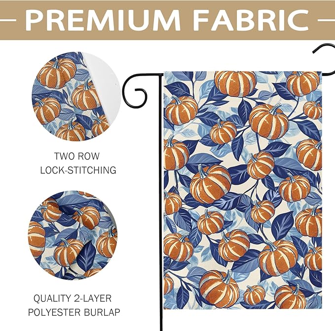 Blue Burnt Orange Fall Thanksgiving Garden Flag 12x18 Inch Autumn Pumpkin Leaf Harvest Theme Print Holiday Decorative Yard Flags for Outside Double Sided Outdoor Home Farmhouse Decoration Porch Decor