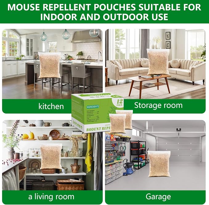 Natural Mouse Repellent Pouches 12 Pack – Peppermint Oil Rodent Repellent Indoor for Home, Garage, Car & RV – Pest Control Pouches Long Lasting Mice Deterrent, Safe for Kids & Pets