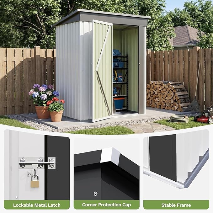 Patiowell 5x3 FT Storage Shed with Floor Frame, Small Metal Garden Sheds with Sloping Roof and Lockable Door, Waterproof Steel Patio Tool Shed for Backyard Garden Lawn, White