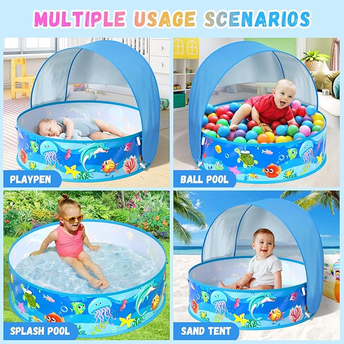 Baby Beach Tent, Pop-Up Above Ground Pool, Foldable Kiddie Pool with Sun Shelter Canopy for Ages 9-48 Months, Toddler Wading Pool, Portable Water Play Sum Toys for Outdoor Activity