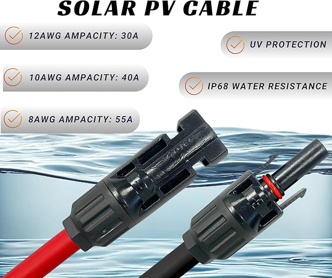 WindyNation 12 Gauge 12 AWG Pair 30 Feet Black + 30 Feet Red PV Photovoltaic Solar Panel Extension Cable Wire Solar Connector