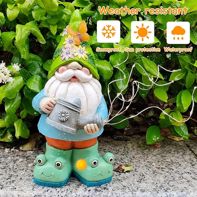 Solar Watering Can Gnome Resin LED Garden Statue | IP65 weatherproof figurine with 30 cascading warm lights; holiday gift for women & mom