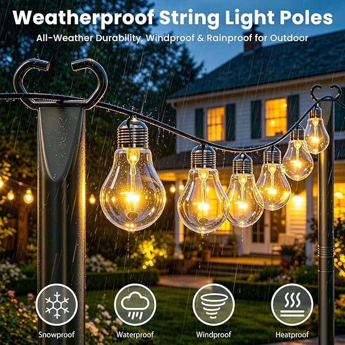 10Ft String Light Poles 4 Pack,Poles for Outdoor String Lights with Fork and Fence Clamp,Hanging Lights Metal Stand Post for Deck Patio Backyard Garden Decorations