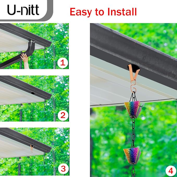 U-nitt Gutter Clip for Rain Chain Installation DIY | Gutter Adapter for Roof Downspout Chain | Water Collection | Copper Plated 4 PK, Heavy Metal, 6 X 5 inches, Adjustable, Fits 2 in Gutter Hole