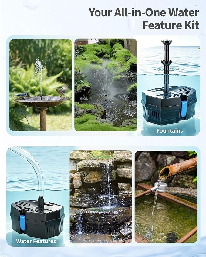 POPOSOAP Solar Pond Filter with Fountain Pump Built-in Battery Backup | 8W Solar Pond Pump with 8 Nozzles & 5Ft PVC Tubing, Dry-Run Protection for Outdoor Ponds Bird Baths DIY Water Feature