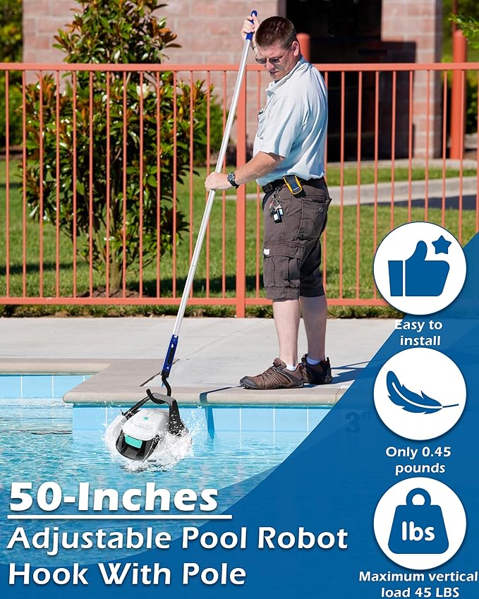 Pool Robot Retrieval Hook - 49.21 Inch Adjustable Stainless Aluminum Pole, Heavy-Duty Detachable Hook for Pool Robot Vacuum Robotic Pool Cleaner Including Cordless/Above Ground/Underwater Cleaners